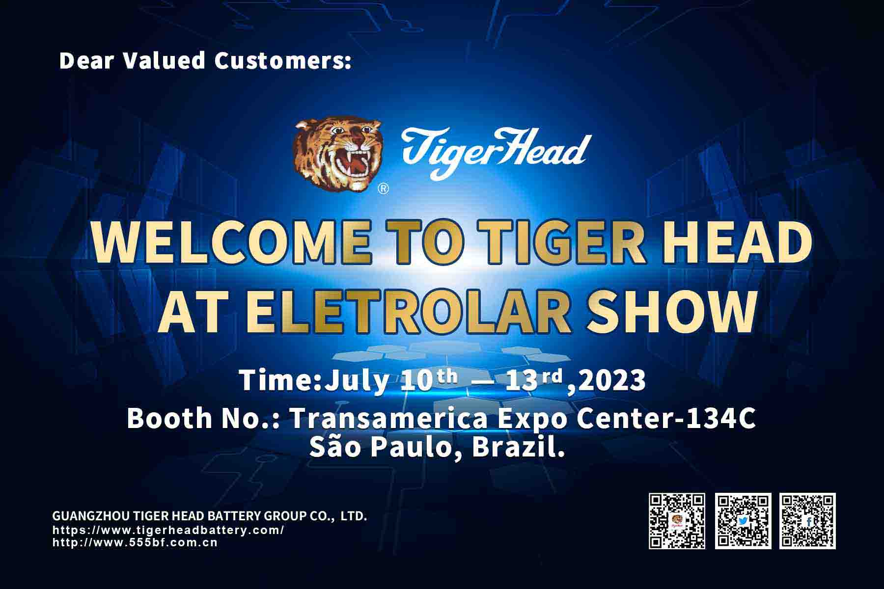 Tiger Head Battery приглашает вас посетить нашу выставку на выставке Eletrolar Show в Сан-Паулу, Бразилия.